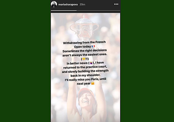 Sharapova Withdraws from Roland Garros  