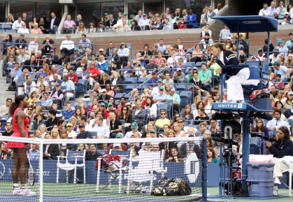 Serena Williams of the United States questions the call of chair umpire Eva Asderakia while playing against Samantha Stosur of Australia during the Women's Singles Final on Day Fourteen of the 2011 US Open at the USTA Billie Jean King National Tennis Center on September 11, 2011 in the Flushing neighborhood of the Queens borough of New York City.  (Photo by Matthew Stockman/Getty Images)